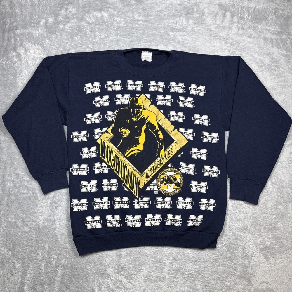 Vintage Michigan Wolverines Sweatshirt Men XL Blue AOP Tultex
